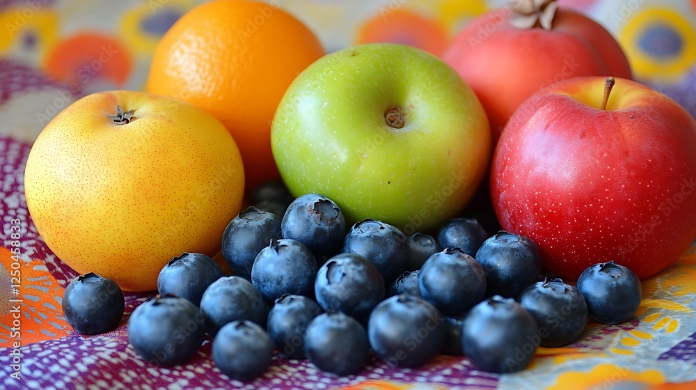 Assortment of fresh fruits with blueberries isolated on a colorful background Assortment of fresh fruits with blueberries isolated on a colorful background