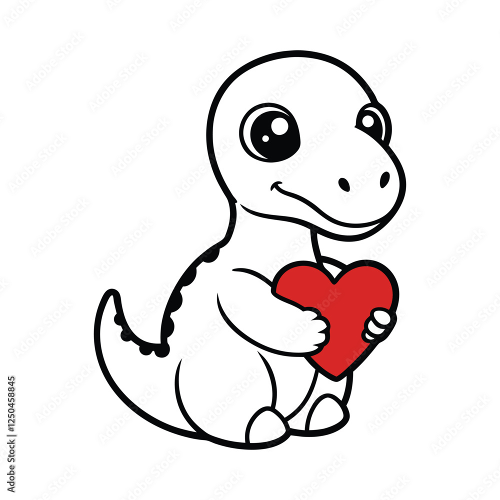 Fototapeta premium Cute Cartoon Dinosaur Holding a Red Heart – Adorable Kawaii Valentine’s Day Clipart