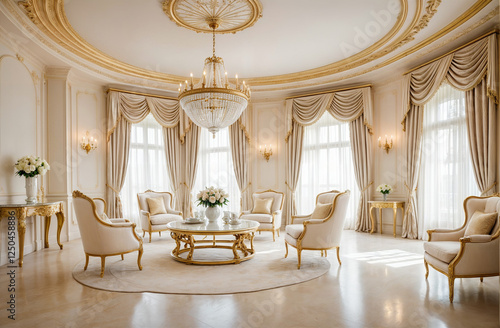This image depicts a stylish and luxurious living room with cream colored furniture, gold accents and large windows covered with light colored curtains.	

