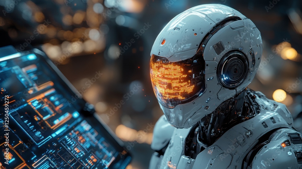 Fototapeta premium Robot processing data with firewall graphics