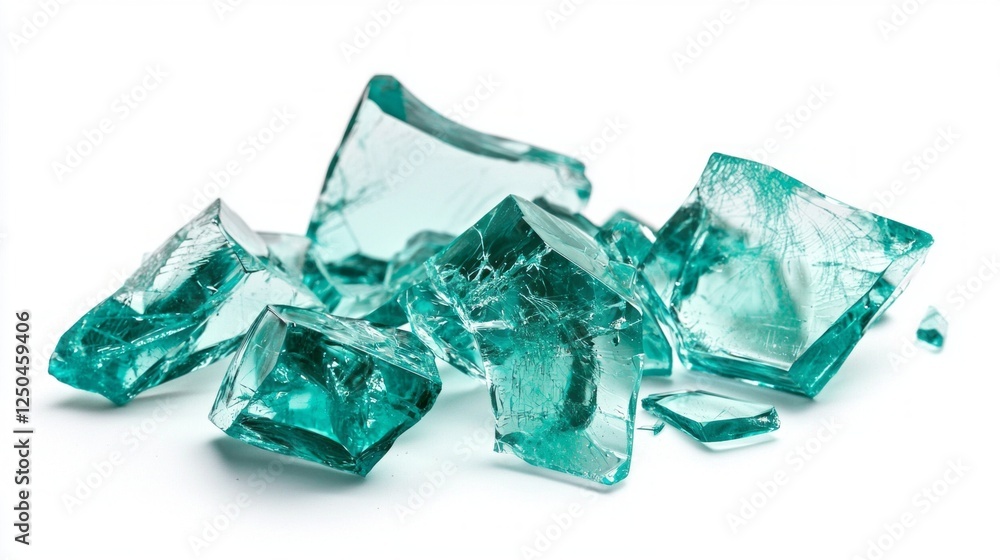 Broken turquoise glass fragments showcase a vivid contrast against a pristine white backdrop, illuminating intricate textures and reflections. Ideal for artistic projects and design Broken turquoise glass fragments showcase a vivid contrast against a pristine white backdrop, illuminating intricate textures and reflections. Ideal for artistic projects and design