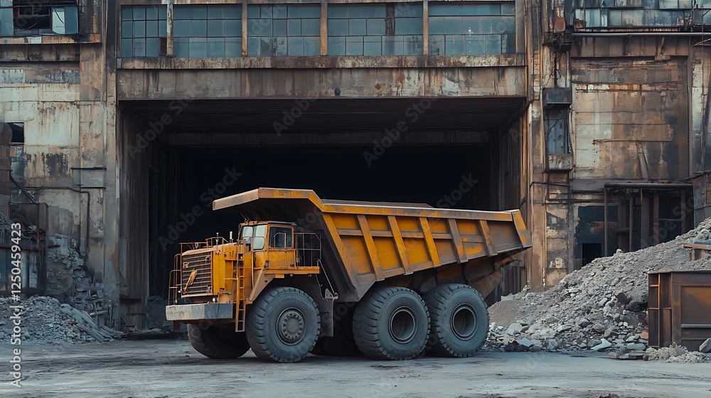 Obraz premium At the building premises a big mines dumping vehicle strong contemporary machinery for heavy freight shipment and transport