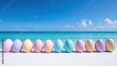 Pastel easter eggs on a tropical beach joyful celebration scene