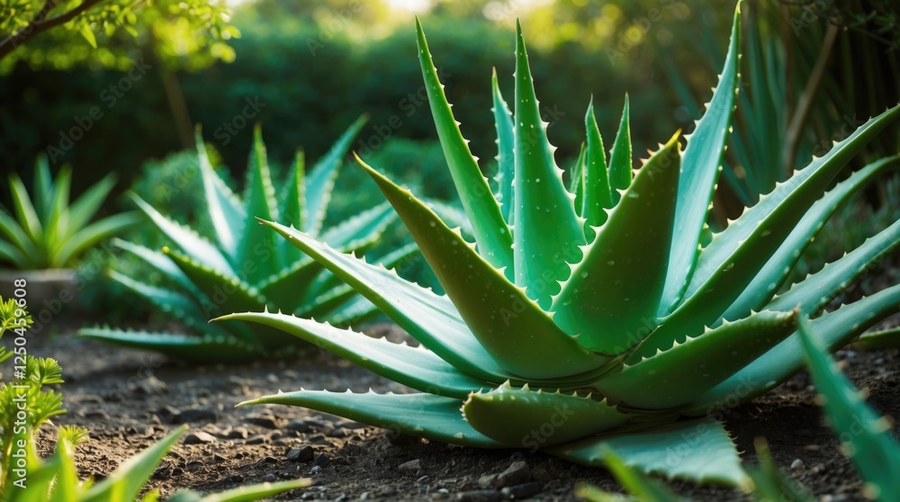 Fototapeta premium Lush green aloe vera plants thriving in a sunlit garden setting showcasing their vibrant, healthy foliage and natural beauty.