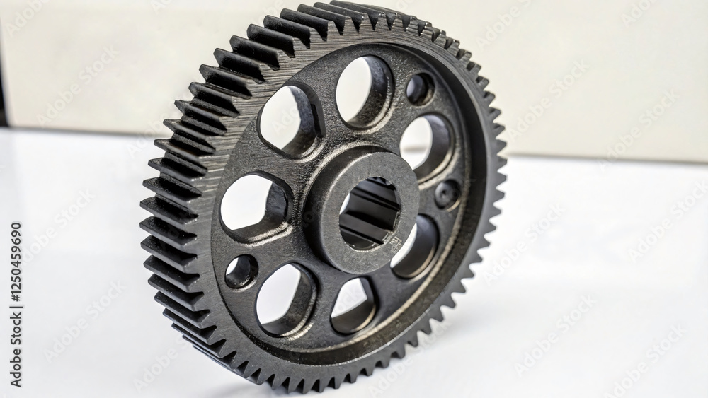 Close-Up of a Metallic Gear with Teeth on a White Surface for Engineering Use Close-Up of a Metallic Gear with Teeth on a White Surface for Engineering Use
