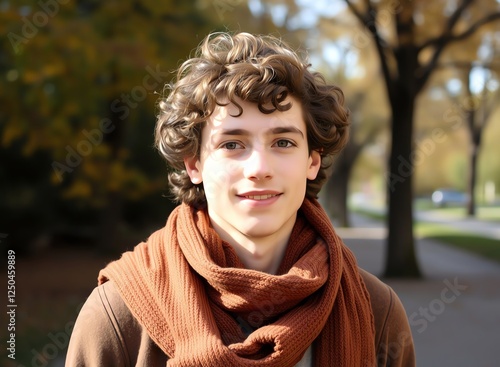 an image of a young man with a scarf on standing in a park, young man with curly hair wearing a scarf and smiling photo