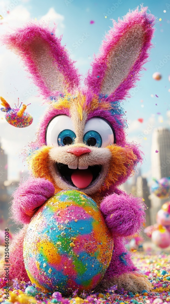 Easter, futuristic style. A giant colorful bunny pushes a giant colorful egg. Fantasy and vibrant. Suitable for holiday cards, advertising, social media, website banners and print.