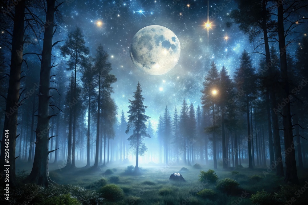 Fototapeta premium Dark mystical forest at night with twinkling stars and a full moon casting eerie shadows, darkness, night, shadows, wilderness, mysterious