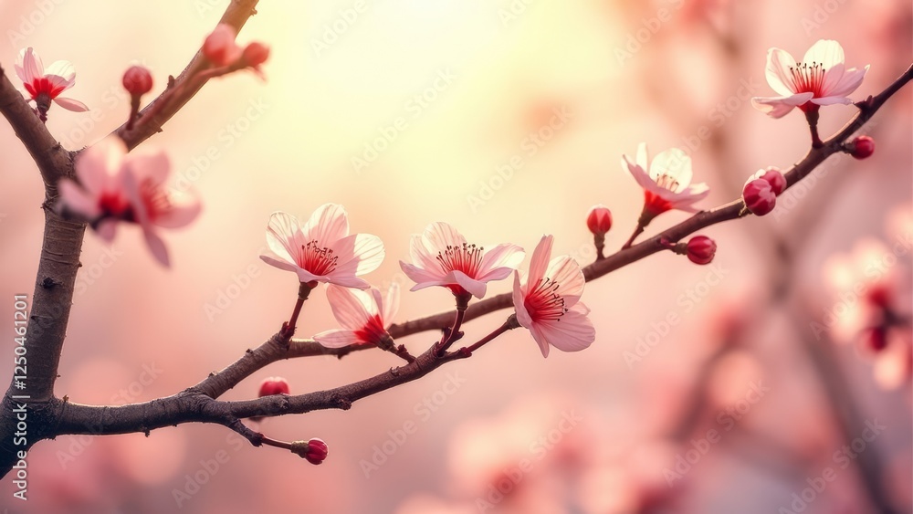 Dreamy Cherry Blossom Branch bathed in the Warm Glow of Golden Sunlight Dreamy Cherry Blossom Branch bathed in the Warm Glow of Golden Sunlight