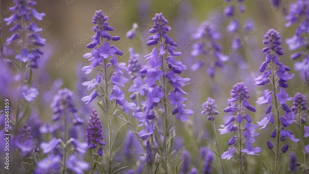 Obraz premium Closeup view of lush purple wildflowers blooming in a natural setting showcasing vibrant colors and delicate petals in sunlight.