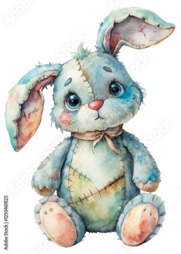 Cute watercolor bunny, soft plush toy, whimsical design, pastel colors, children's illustration, adorable character.