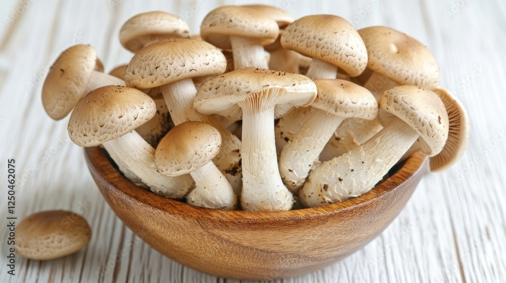 Fresh Mushrooms in Wooden Bowl on White Tabletop Fresh Mushrooms in Wooden Bowl on White Tabletop