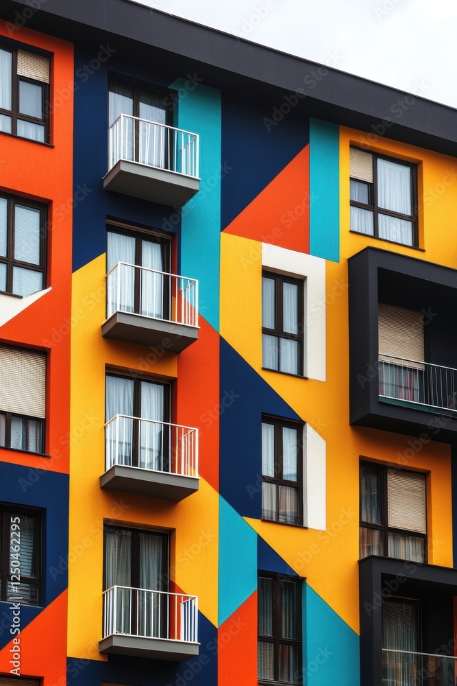 Fototapeta premium Colorful Geometric Exterior Design of a Modern Apartment Building with Vibrant Patterns