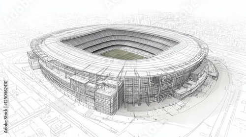 Modern Stadium Architectural Design - Sketch of a large modern stadium, showcasing its architectural design and surrounding landscape.