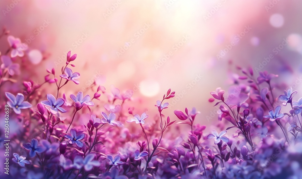 Naklejka premium Blooming Lilac Spring Flowers in Garden with Violet and Pink Background, Artistic Design, Close-Up, Sunrise Light, Tranquil Floral Beauty, 