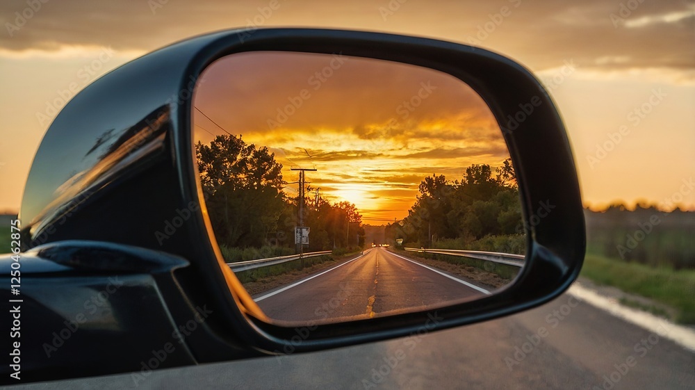 Sunset Reflected In Car Side Mirror On Highway Sunset Reflected In Car Side Mirror On Highway