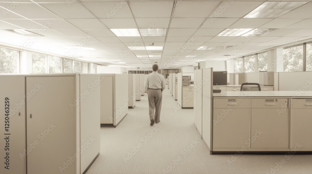 Man walking through a spacious, empty office with cubicles and large windows letting in light Man walking through a spacious, empty office with cubicles and large windows letting in light