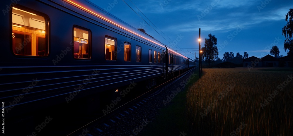 Naklejka premium Night train journey through peaceful countryside under a starlit sky