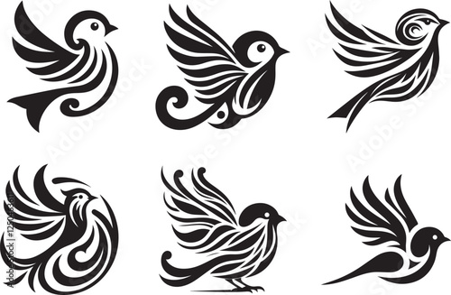 Set of decorative bird illustrations in tribal tattoo style perfect for branding stickers and graphic design projects