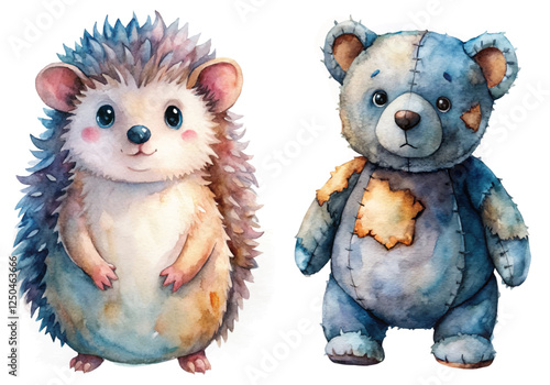 Cute watercolor illustration, adorable hedgehog character, plush teddy bear design, children's art style, whimsical animal figures.