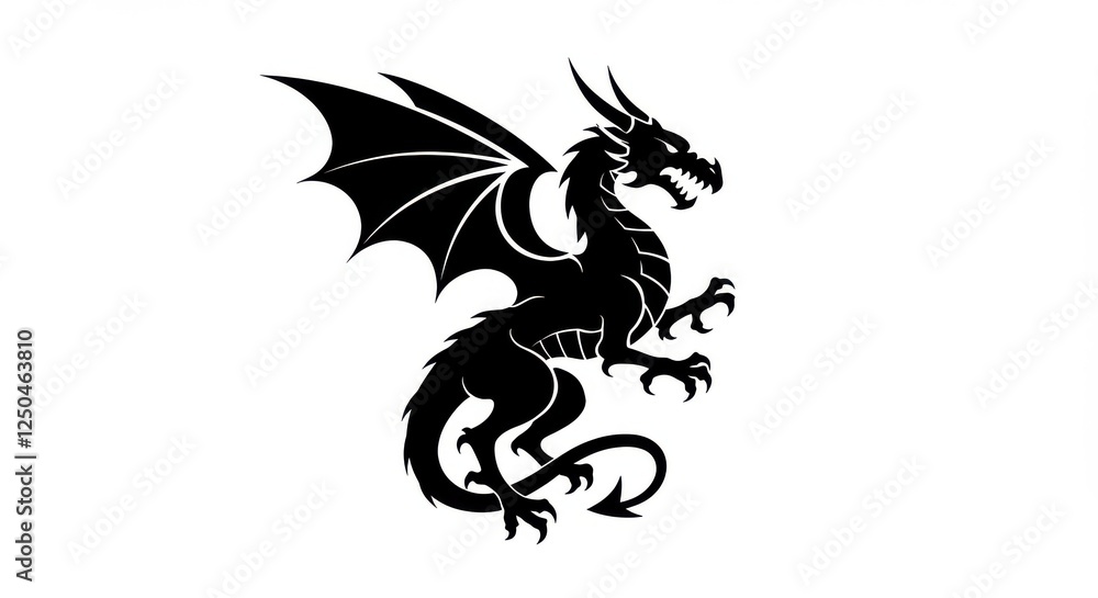 Black silhouette, mythical dragon, winged creature, fantasy beast, gothic design, sharp horns, curled tail, stylized illustration, stark contrast, simple shape, powerful Black silhouette, mythical dragon, winged creature, fantasy beast, gothic design, sharp horns, curled tail, stylized illustration, stark contrast, simple shape, powerful