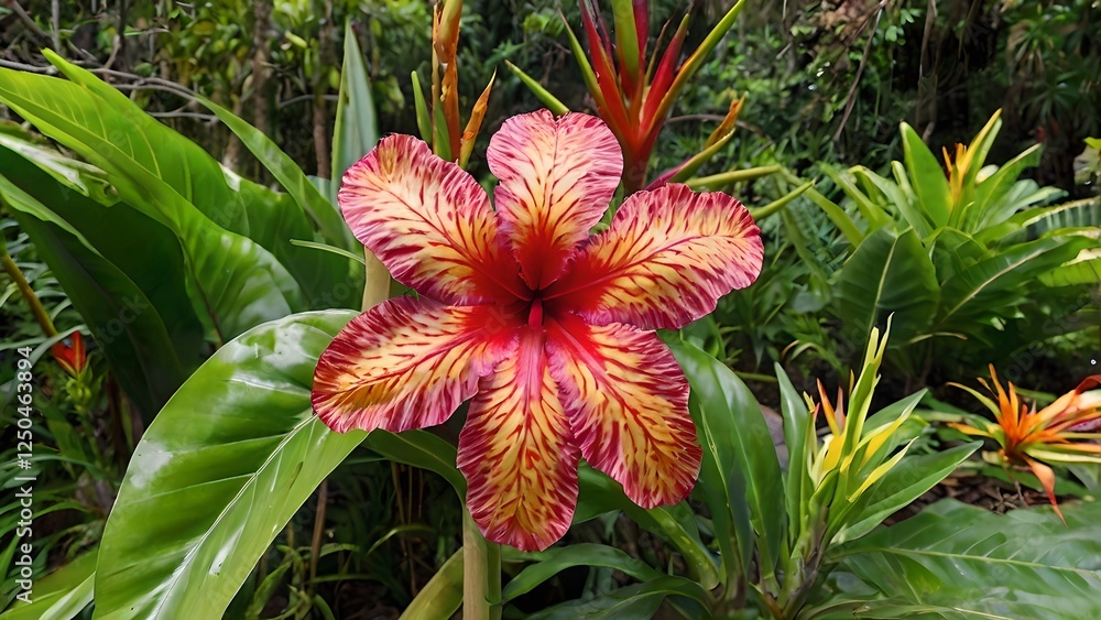 Vibrant Hibiscus Flower in Lush Hawaiian Tropical Garden Vibrant Hibiscus Flower in Lush Hawaiian Tropical Garden