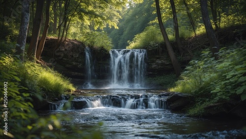 Serene Summer Waterfall Cascading Through Lush Forest Surrounded by Greenery and Sunlight