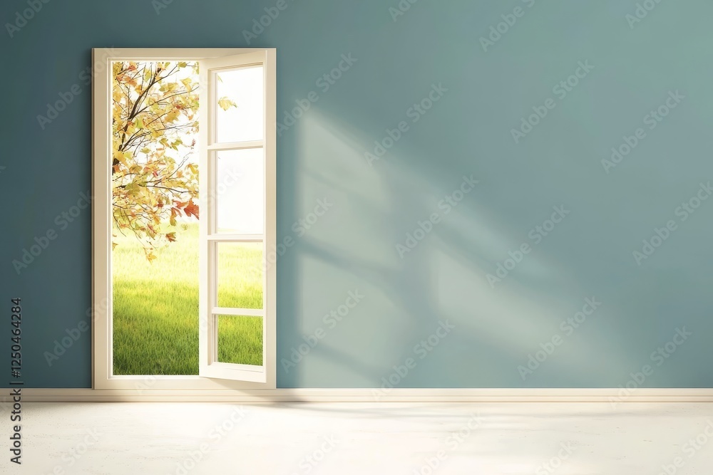 Naklejka premium Open Window View of Autumnal Scene - Sunlight streams into a room through an open window, revealing a view of an autumnal tree and grassy field. Serene and peaceful.