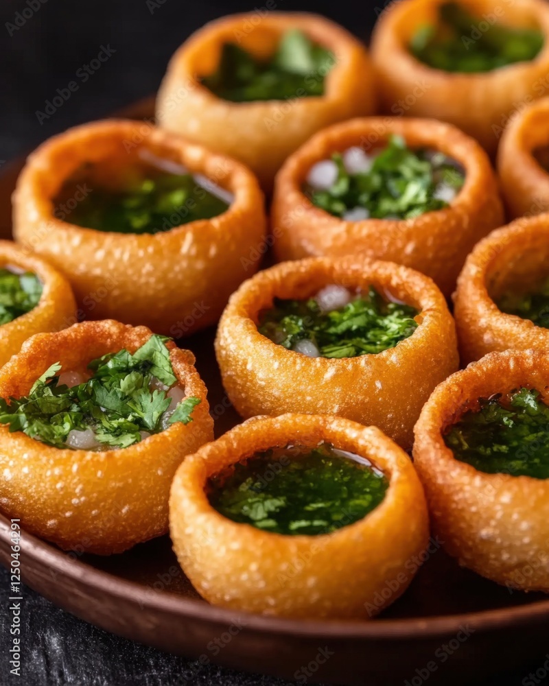 close up of round pani puri filled with savory water, garnished with fresh cilantro and sev. close up of round pani puri filled with savory water, garnished with fresh cilantro and sev.