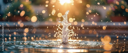 Sunlit fountain with sparkling water droplets creating a dreamy and ethereal atmosphere in a serene outdoor setting. photo