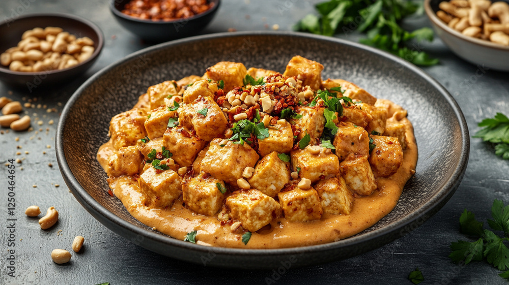 Air fried tofu with spicy peanut dip, garnished with peanuts and herbs Air fried tofu with spicy peanut dip, garnished with peanuts and herbs