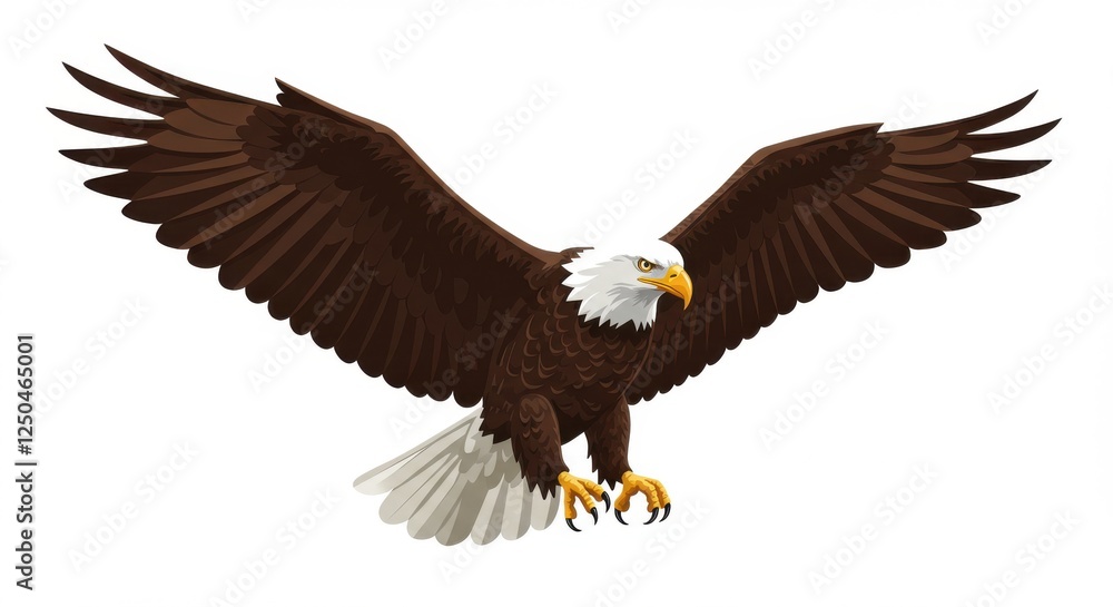 Obraz premium Majestic bald eagle in flight, spread wings, detailed feathers, sharp talons, white head, yellow beak, brown body, soaring pose, patriotic symbol, wildlife illustration