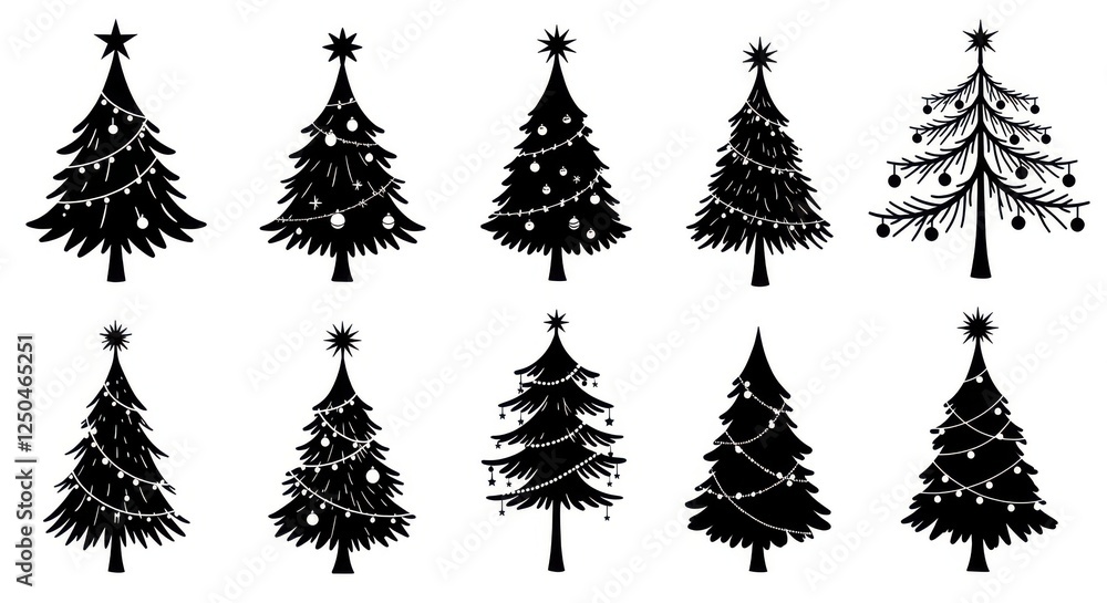 Obraz premium Christmas trees, silhouettes, variety of decorations, star toppers, garlands, ornaments, festive, holiday icons, black and white, minimalist design, vector graphics