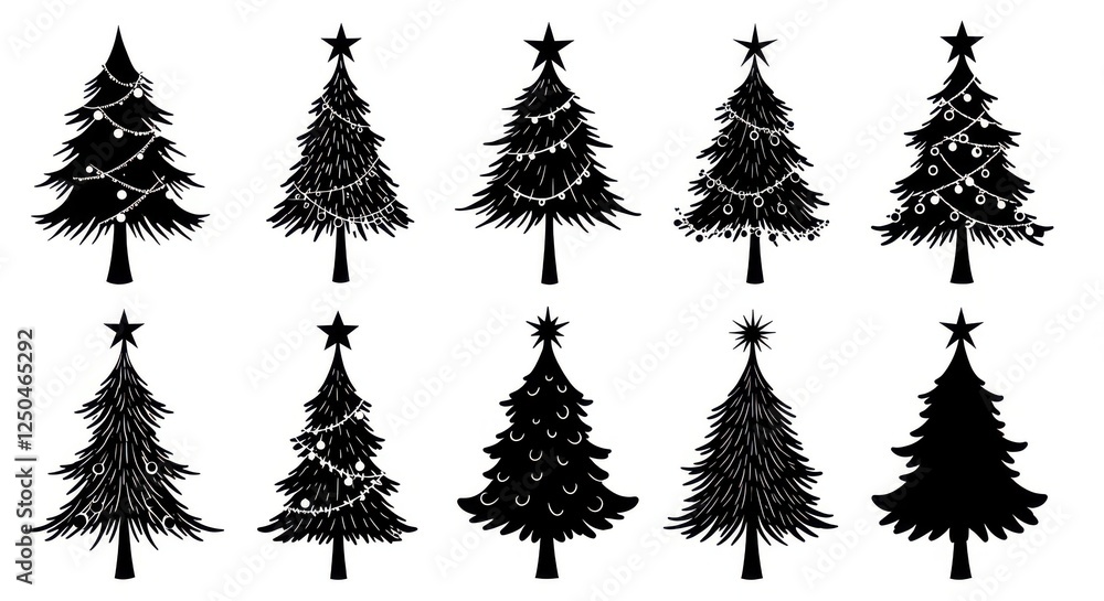 Fototapeta premium Christmas trees, silhouettes, variety of decorations, star toppers, garlands, ornaments, festive, holiday icons, black and white, minimalist design, vector graphics