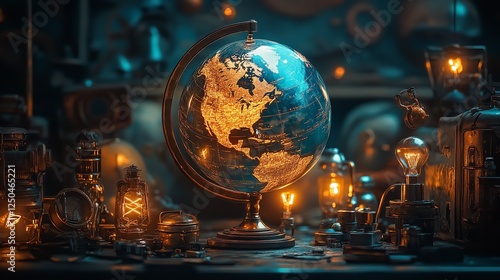 Illuminated Globe on Dark Surface with Glass and Metal Objects