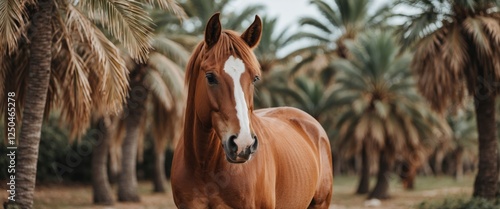 Majestic brown horse standing among lush palm trees with ample space for text or branding in a serene outdoor setting photo