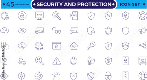 Security & Protection outline icon set. Data protection symbol. Secured network icon collection. Safety, security, protection thin line icons. Editable stroke outline icon.