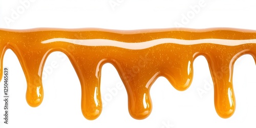 Close-up of thick glossy caramel sauce dripping on a white background with honey texture