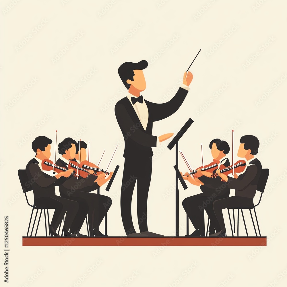 Fototapeta premium An illustration of an orchestra conductor leading a string ensemble during a performance.