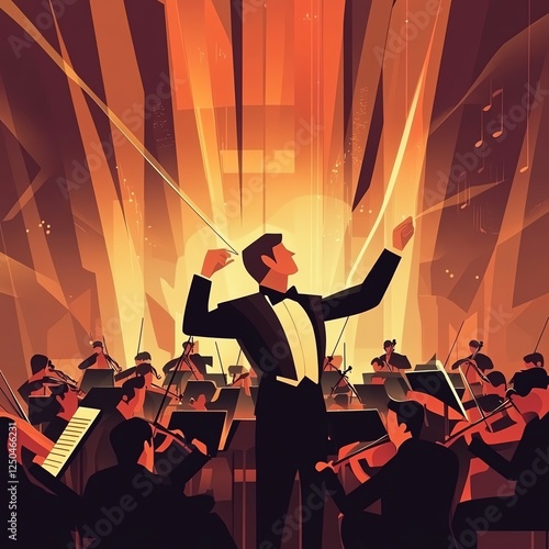 An orchestra conductor passionately leading a symphony performance amid vibrant lights.