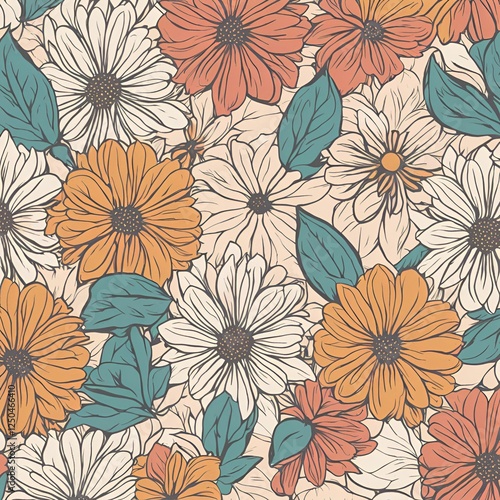 Wallpaper Mural Retro Flower Pattern in Autumn Colors Torontodigital.ca
