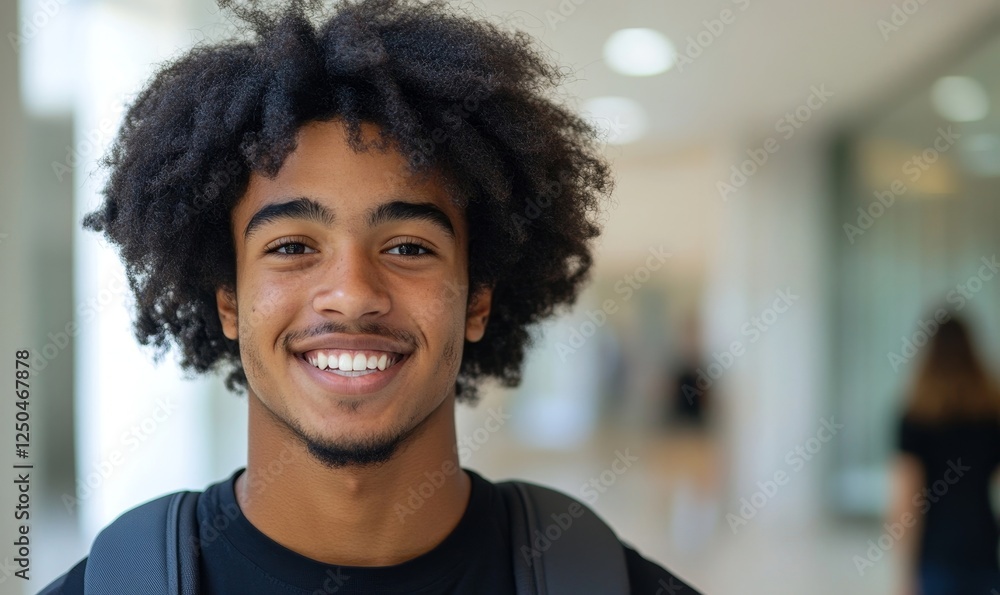 Smiling Student Athlete with Afro-textured Hair in Backpack, Indoor Setting, Joyful Mood, Representing Youth and Education During Daytime, Smiling Student Athlete with Afro-textured Hair in Backpack, Indoor Setting, Joyful Mood, Representing Youth and Education During Daytime,