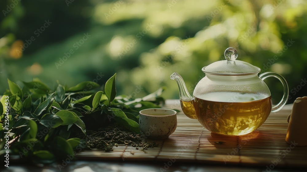 Glass tea kettle with fresh leaves on bamboo mat outdoors Glass tea kettle with fresh leaves on bamboo mat outdoors