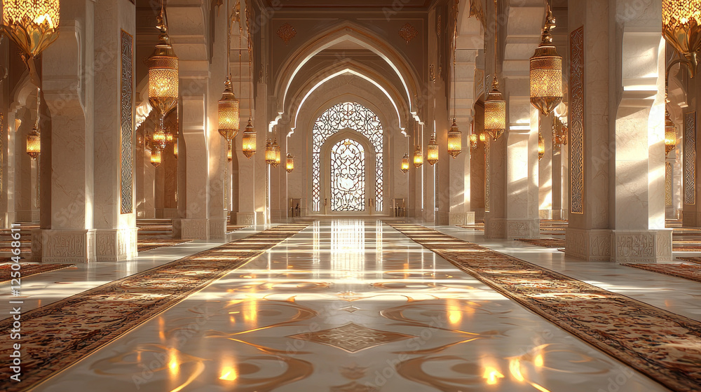 Obraz premium Grand mosque interior, ornate arches, sunlight, peaceful atmosphere, architectural design