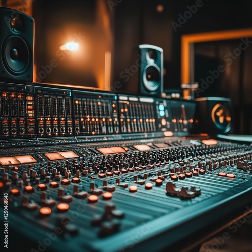 Mixing Console with Faders and Knobs in a Professional Studio photo