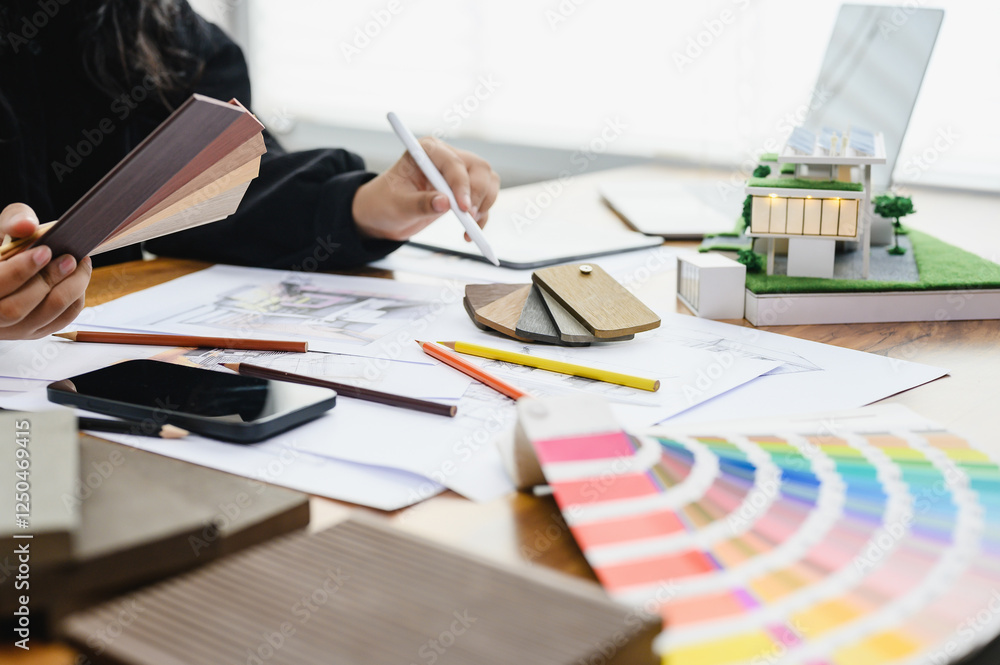custom made wallpaper toronto digitalArchitect reviews wood substitute material samples while sketching near modern house model, Architectural design and sustainable planning. Modern Architecture, Home Interior Design.
