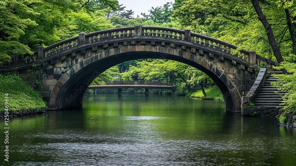 A picturesque scene in Arisugawa-no-miya Park, Tokyo, featuring an old stone bridge with stairways surrounded by lush greenery, creating a serene escape within the city A picturesque scene in Arisugawa-no-miya Park, Tokyo, featuring an old stone bridge with stairways surrounded by lush greenery, creating a serene escape within the city