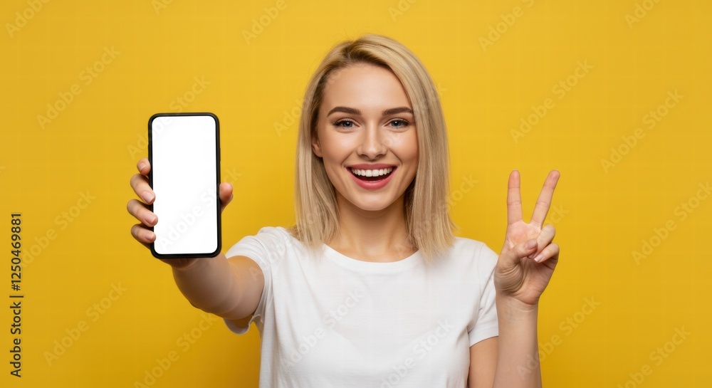 A woman shows a smartphone screen displaying something like a shopping discount. A woman shows a smartphone screen displaying something like a shopping discount.