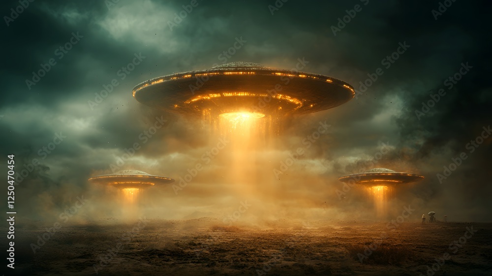 Dramatic alien spacecraft emerging from ominous storm clouds with glowing energy beams in a futuristic surreal and apocalyptic sci fi landscape This digital art image evokes a sense of the unknown Dramatic alien spacecraft emerging from ominous storm clouds with glowing energy beams in a futuristic surreal and apocalyptic sci fi landscape This digital art image evokes a sense of the unknown