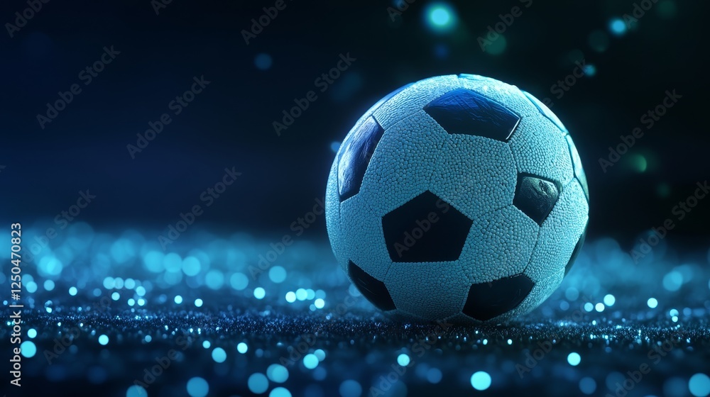 Fototapeta premium Soccer Ball on Blue Glitter - Close-up of a soccer ball resting on blue glitter, illuminated in low light. Perfect for sports themes.